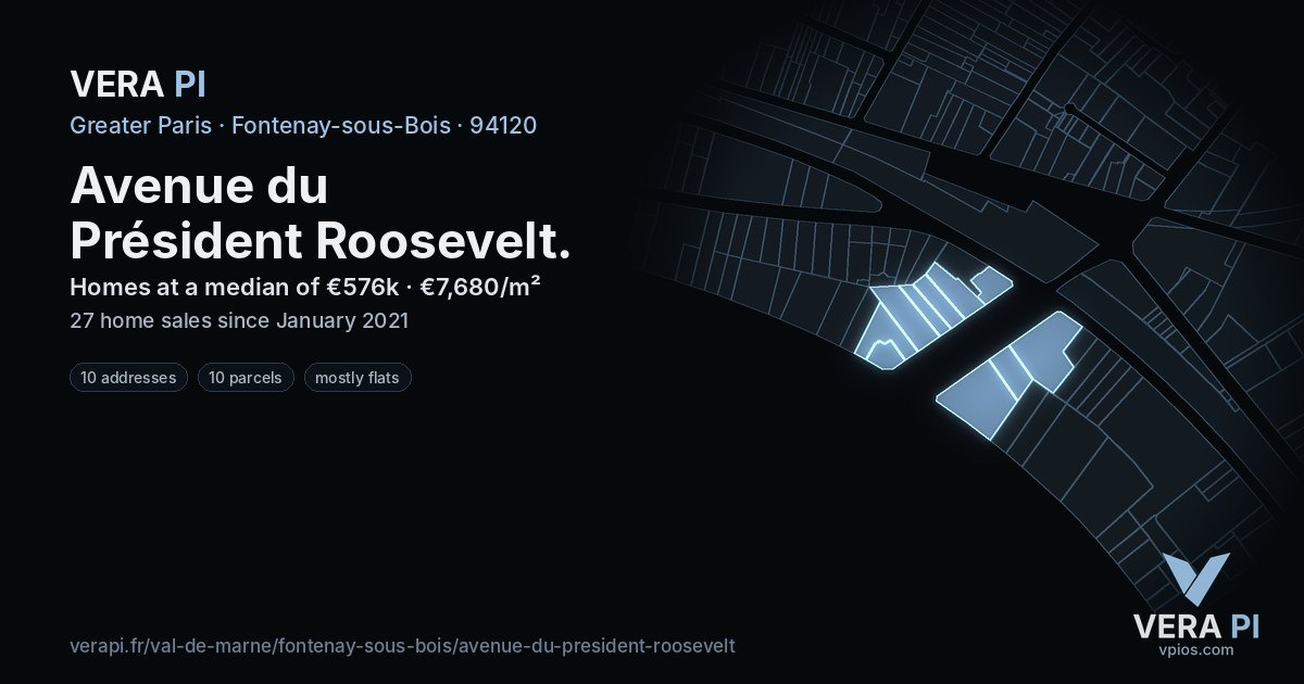Avenue du Président Roosevelt, Fontenay-sous-Bois at night – every parcel coloured by the prices around it, the street's own parcels lit