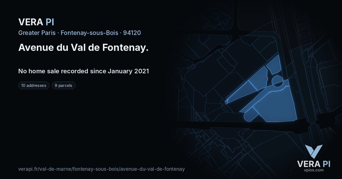 Avenue du Val de Fontenay, Fontenay-sous-Bois at night – every parcel coloured by the prices around it, the street's own parcels lit