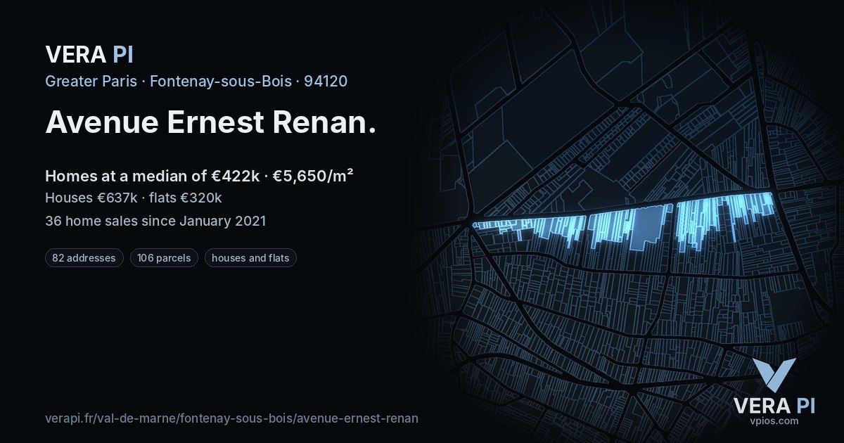 Avenue Ernest Renan, Fontenay-sous-Bois at night – every parcel coloured by the prices around it, the street's own parcels lit