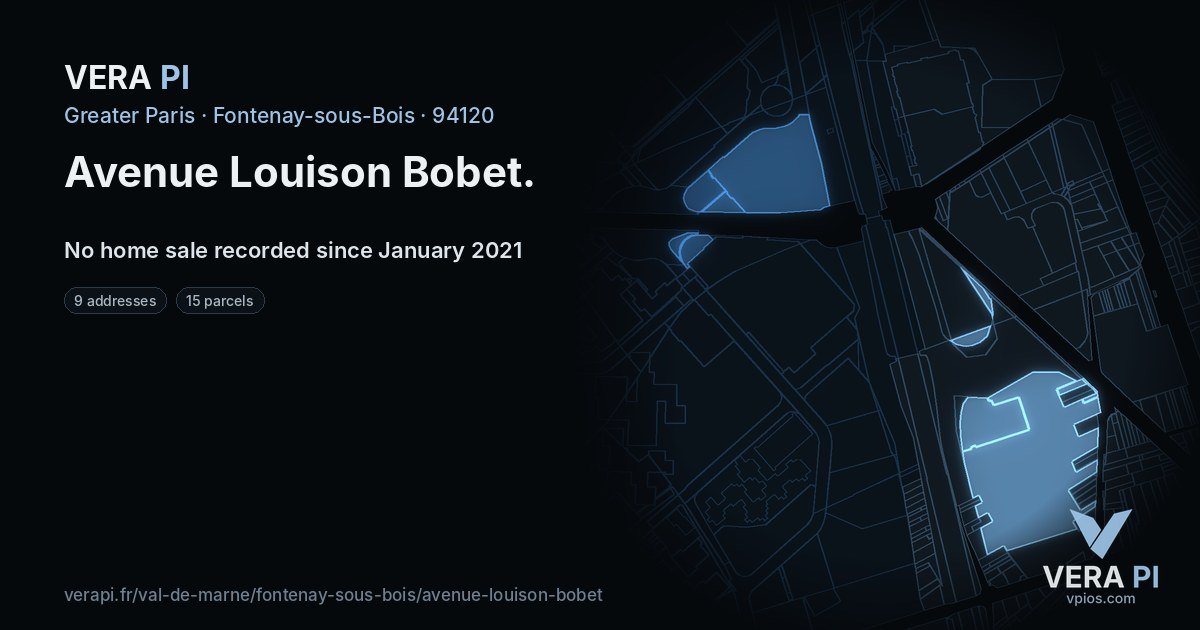 Avenue Louison Bobet, Fontenay-sous-Bois at night – every parcel coloured by the prices around it, the street's own parcels lit