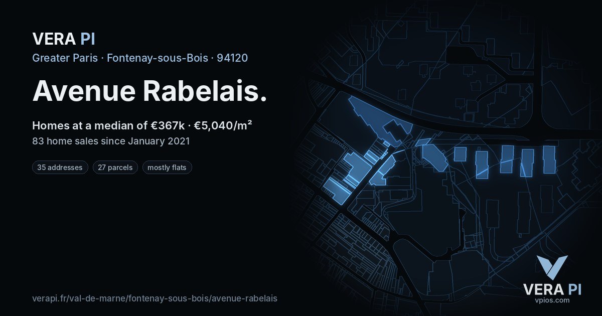Avenue Rabelais, Fontenay-sous-Bois at night – every parcel coloured by the prices around it, the street's own parcels lit