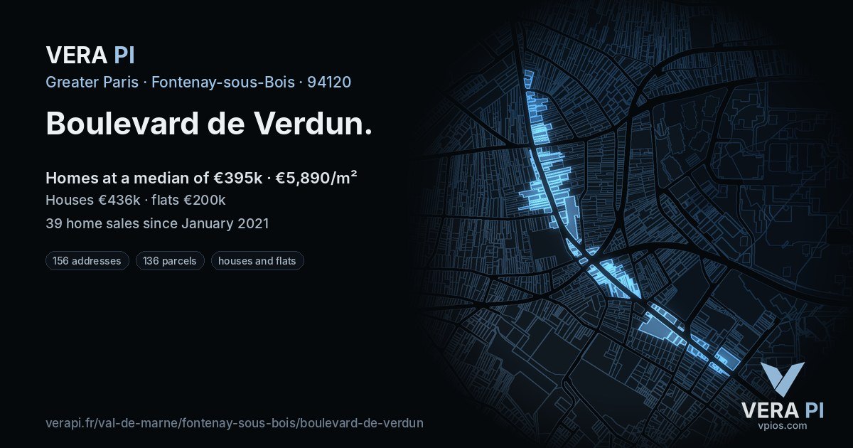 Boulevard de Verdun, Fontenay-sous-Bois at night – every parcel coloured by the prices around it, the street's own parcels lit