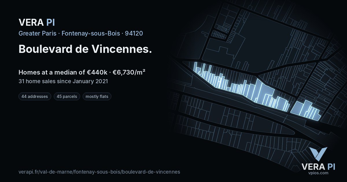 Boulevard de Vincennes, Fontenay-sous-Bois at night – every parcel coloured by the prices around it, the street's own parcels lit