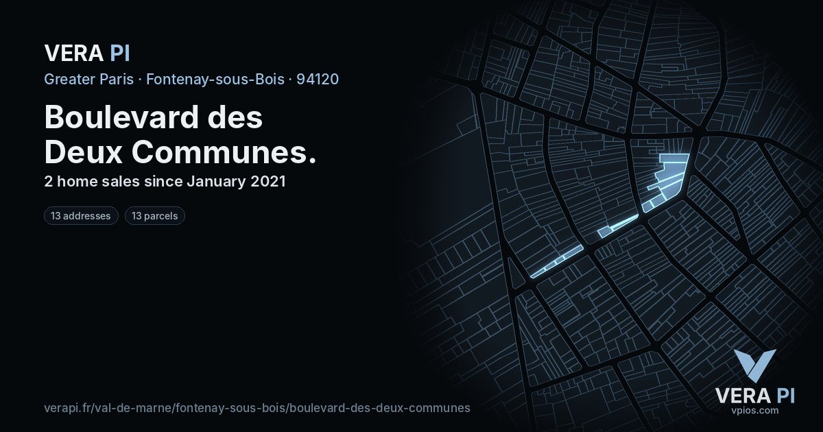 Boulevard des Deux Communes, Fontenay-sous-Bois at night – every parcel coloured by the prices around it, the street's own parcels lit