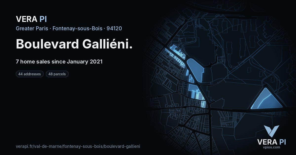 Boulevard Galliéni, Fontenay-sous-Bois at night – every parcel coloured by the prices around it, the street's own parcels lit