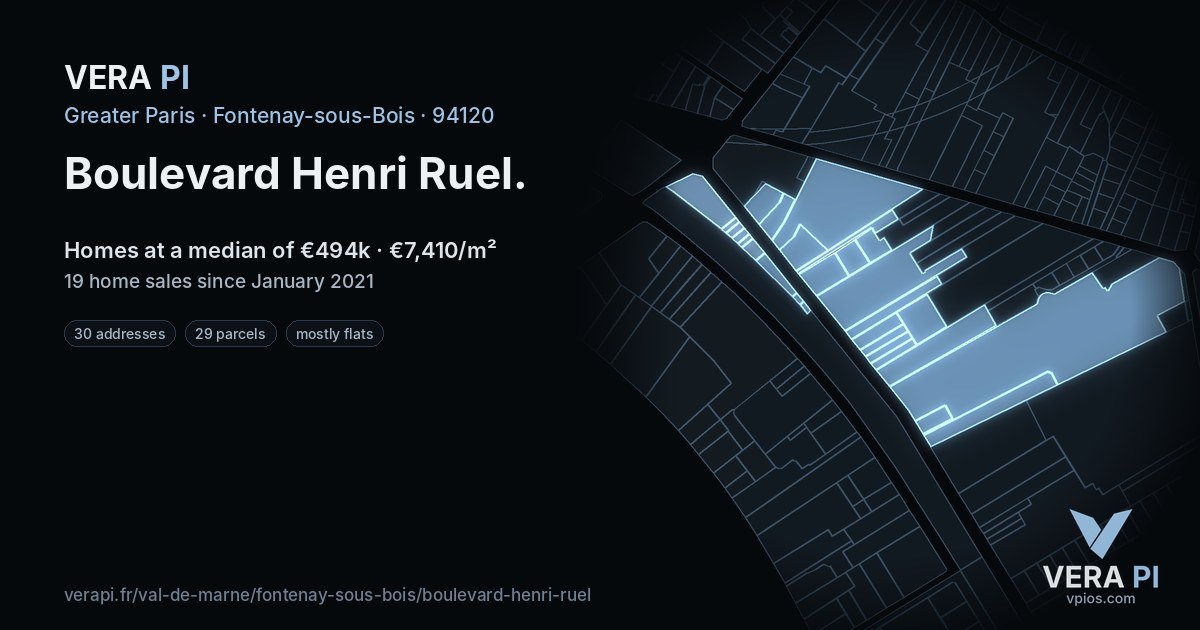 Boulevard Henri Ruel, Fontenay-sous-Bois at night – every parcel coloured by the prices around it, the street's own parcels lit