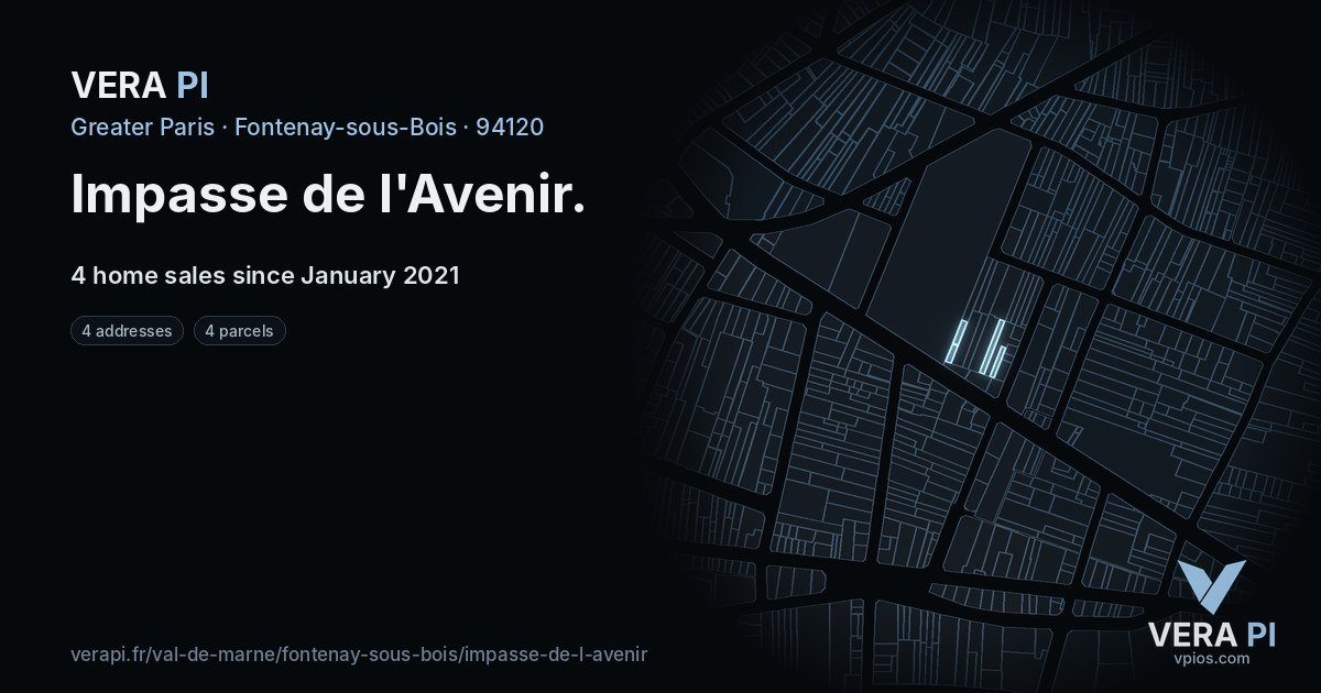 Impasse de l'Avenir, Fontenay-sous-Bois at night – every parcel coloured by the prices around it, the street's own parcels lit