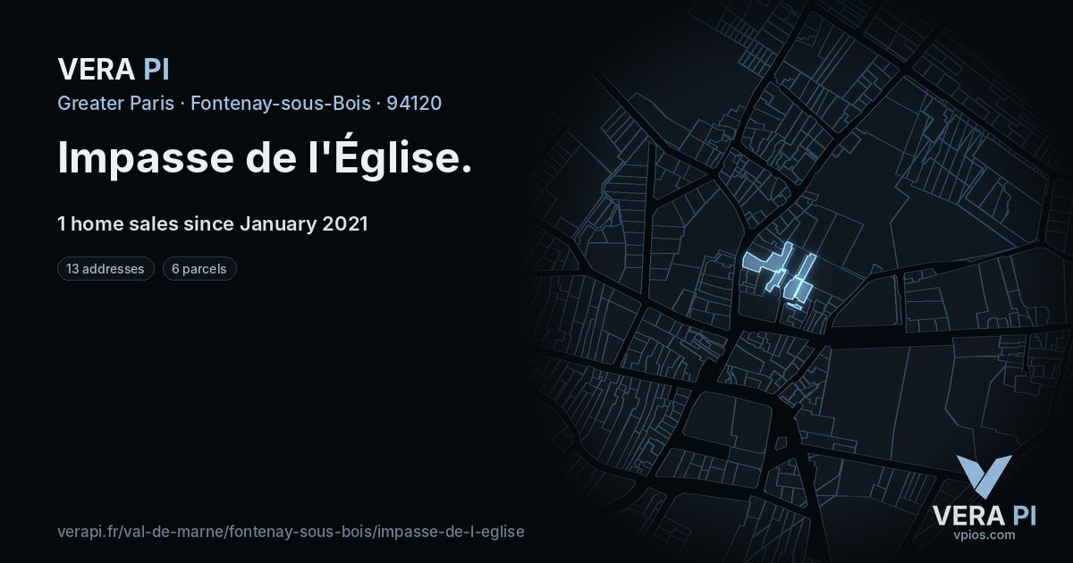 Impasse de l'Église, Fontenay-sous-Bois at night – every parcel coloured by the prices around it, the street's own parcels lit