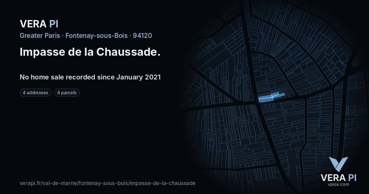 Impasse de la Chaussade, Fontenay-sous-Bois at night – every parcel coloured by the prices around it, the street's own parcels lit
