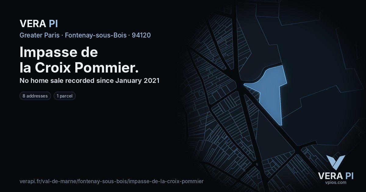 Impasse de la Croix Pommier, Fontenay-sous-Bois at night – every parcel coloured by the prices around it, the street's own parcels lit