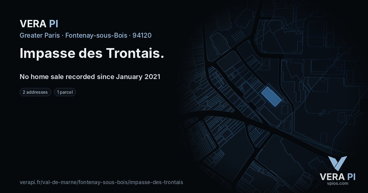 Impasse des Trontais, Fontenay-sous-Bois at night – every parcel coloured by the prices around it, the street's own parcels lit