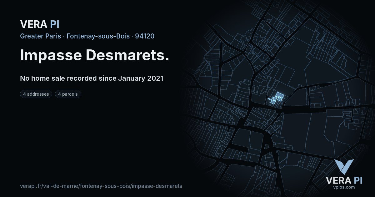 Impasse Desmarets, Fontenay-sous-Bois at night – every parcel coloured by the prices around it, the street's own parcels lit