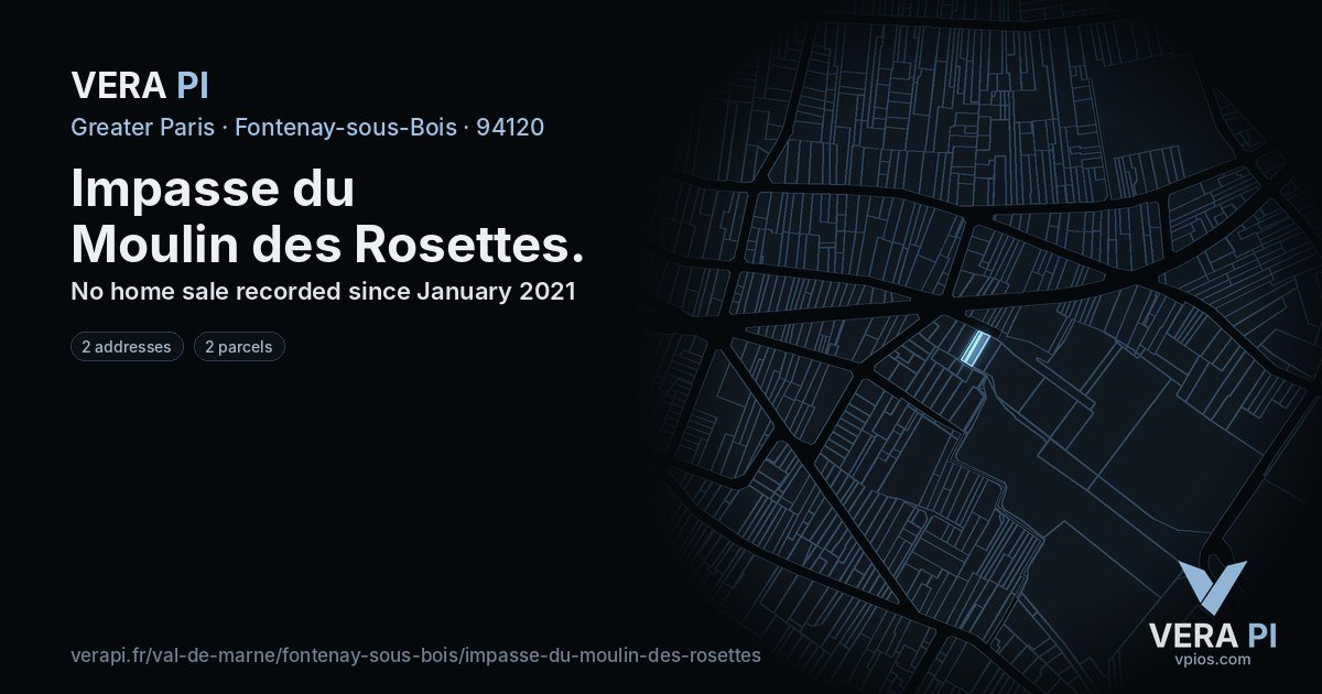 Impasse du Moulin des Rosettes, Fontenay-sous-Bois at night – every parcel coloured by the prices around it, the street's own parcels lit