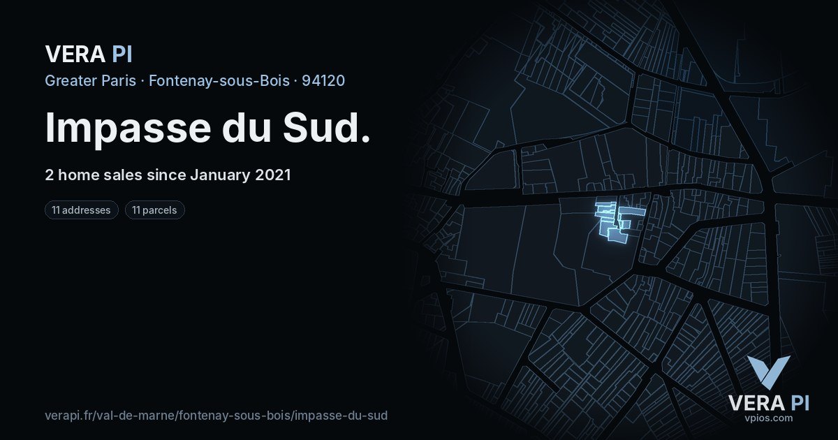 Impasse du Sud, Fontenay-sous-Bois at night – every parcel coloured by the prices around it, the street's own parcels lit
