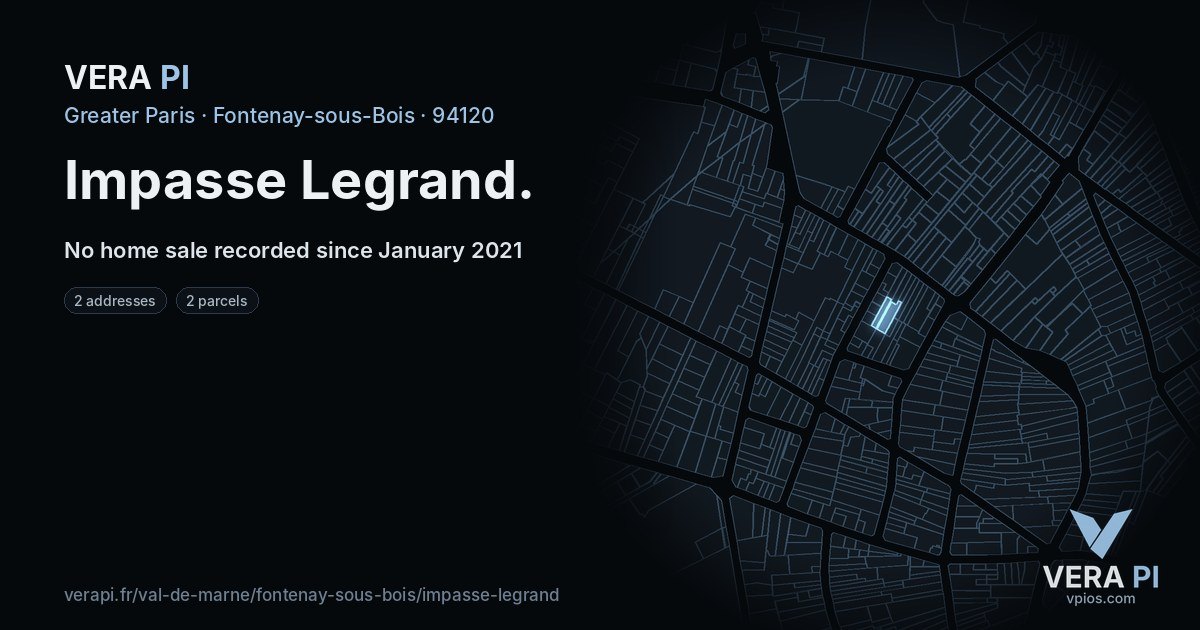 Impasse Legrand, Fontenay-sous-Bois at night – every parcel coloured by the prices around it, the street's own parcels lit