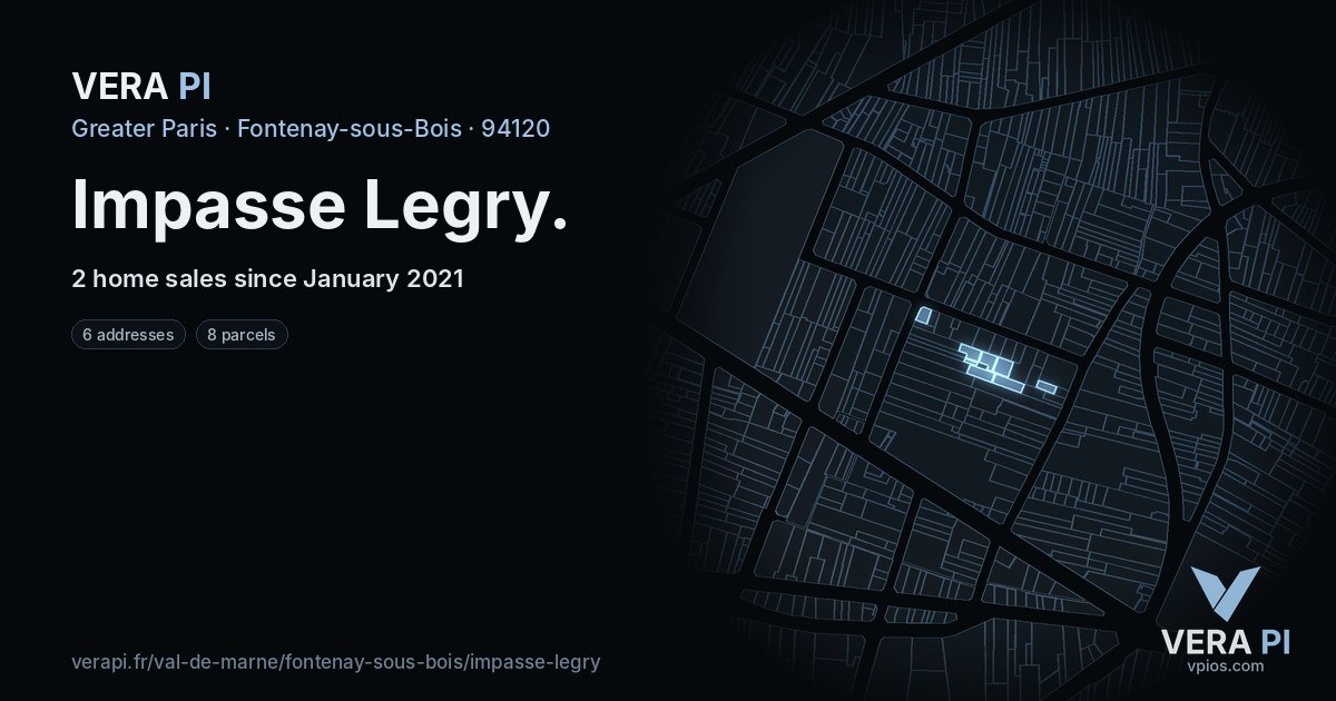Impasse Legry, Fontenay-sous-Bois at night – every parcel coloured by the prices around it, the street's own parcels lit