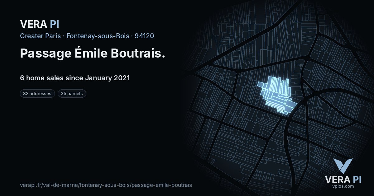 Passage Émile Boutrais, Fontenay-sous-Bois at night – every parcel coloured by the prices around it, the street's own parcels lit