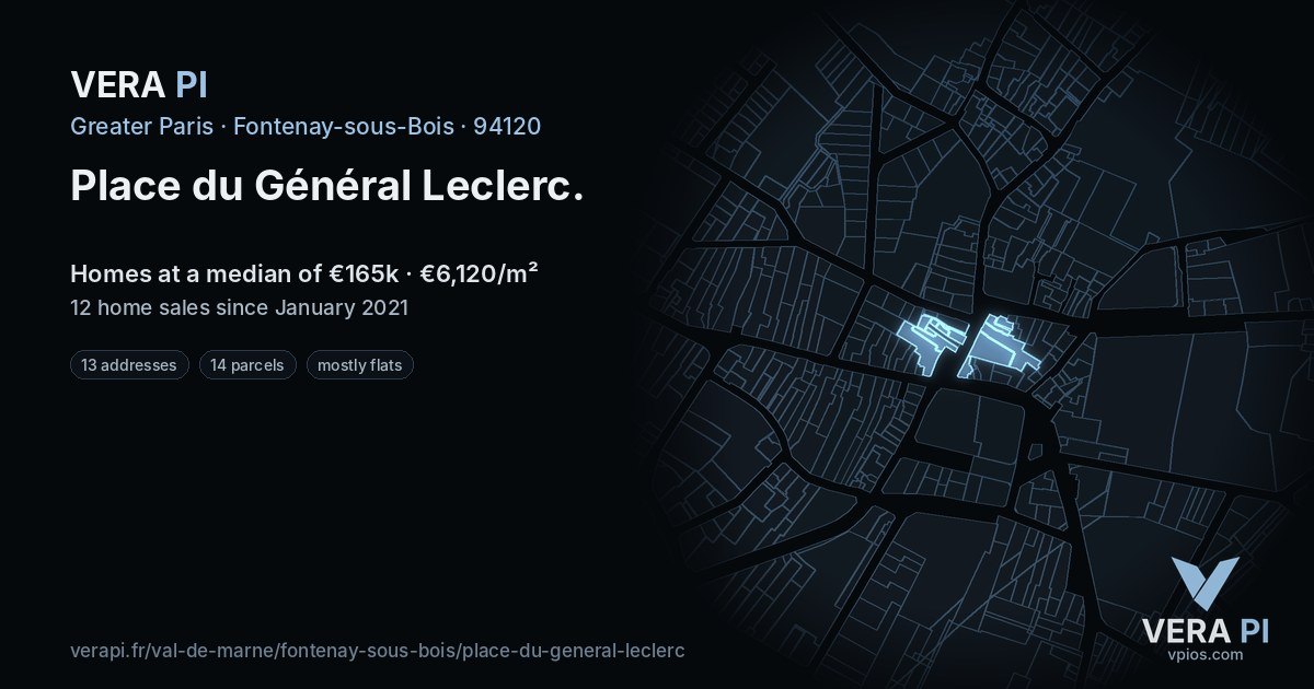 Place du Général Leclerc, Fontenay-sous-Bois at night – every parcel coloured by the prices around it, the street's own parcels lit