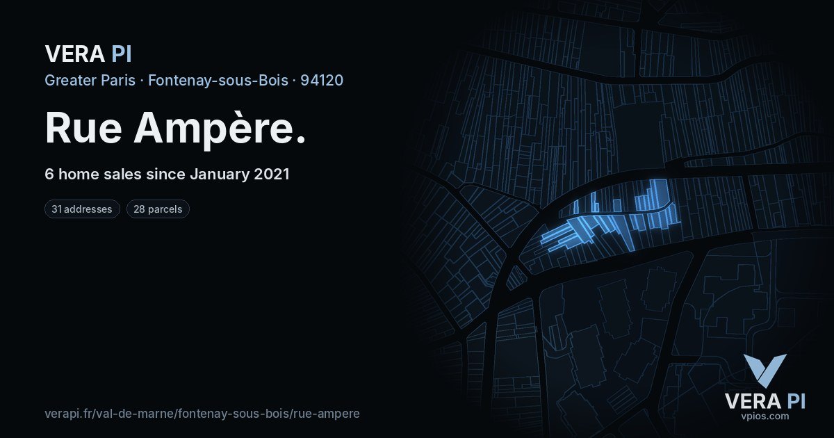 Rue Ampère, Fontenay-sous-Bois at night – every parcel coloured by the prices around it, the street's own parcels lit
