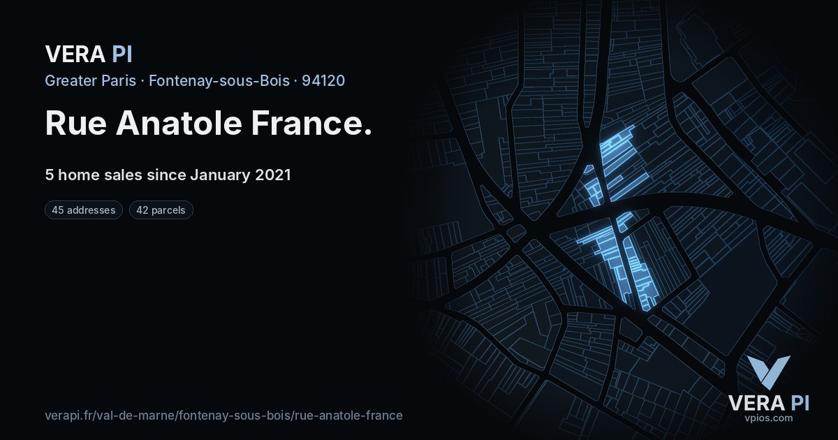 Rue Anatole France, Fontenay-sous-Bois at night – every parcel coloured by the prices around it, the street's own parcels lit