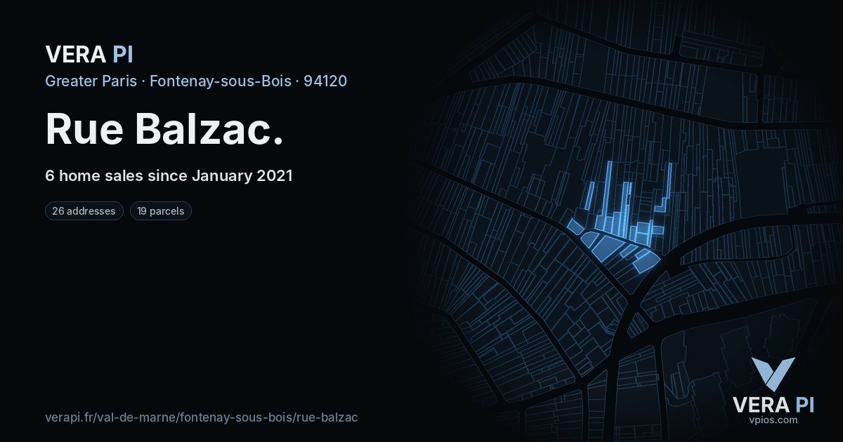 Rue Balzac, Fontenay-sous-Bois at night – every parcel coloured by the prices around it, the street's own parcels lit