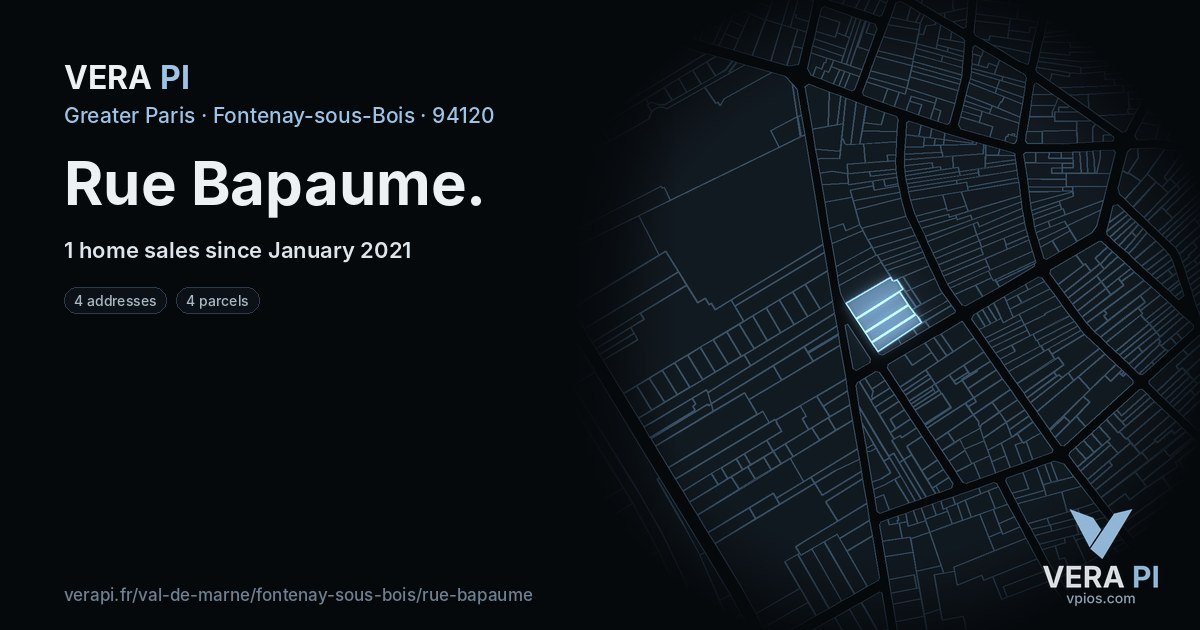 Rue Bapaume, Fontenay-sous-Bois at night – every parcel coloured by the prices around it, the street's own parcels lit