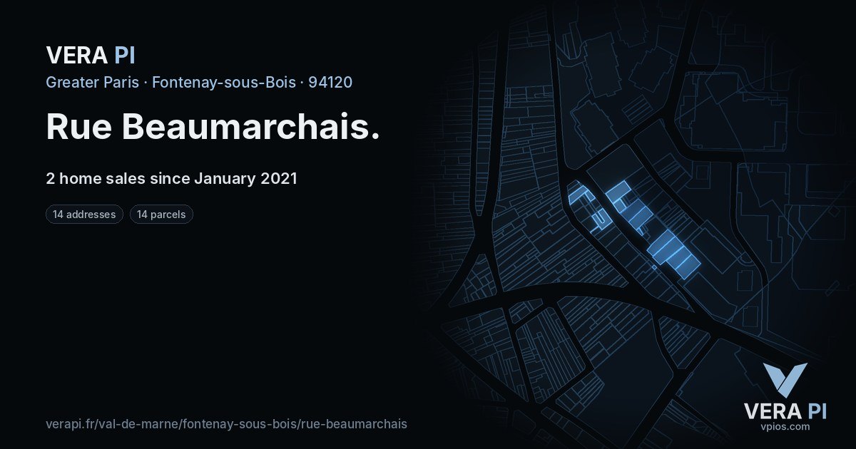 Rue Beaumarchais, Fontenay-sous-Bois at night – every parcel coloured by the prices around it, the street's own parcels lit