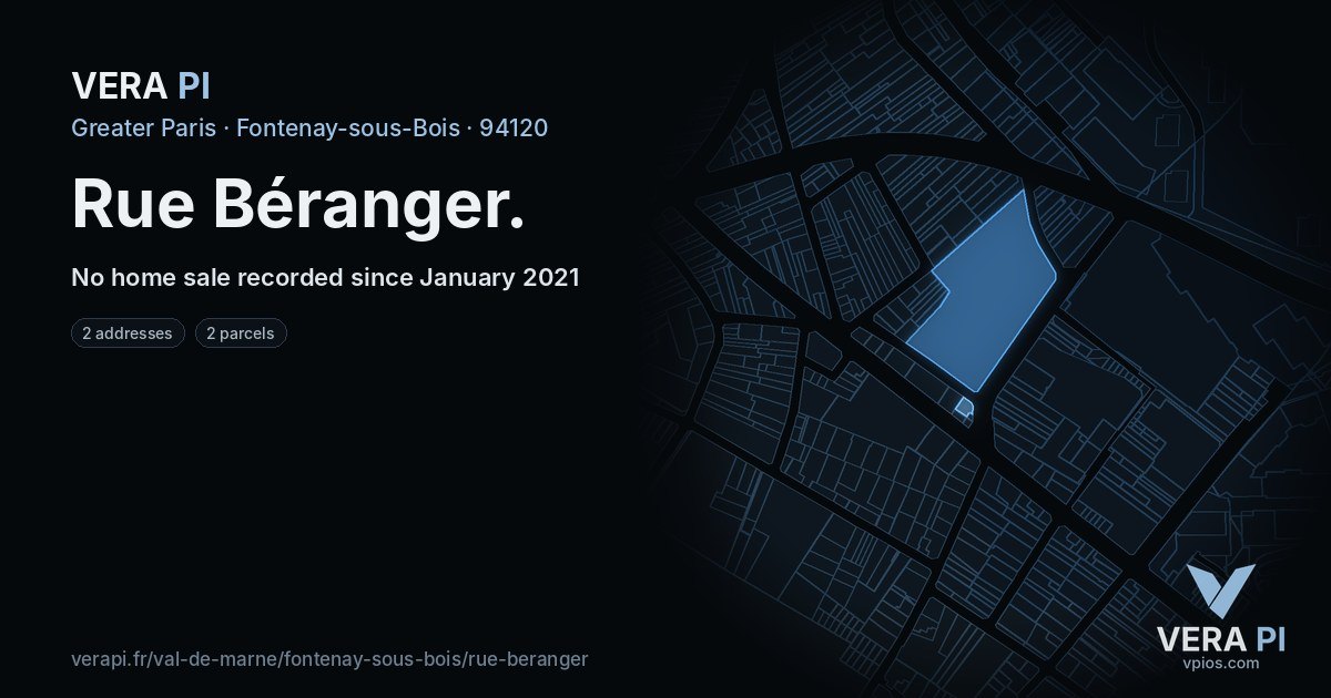 Rue Béranger, Fontenay-sous-Bois at night – every parcel coloured by the prices around it, the street's own parcels lit