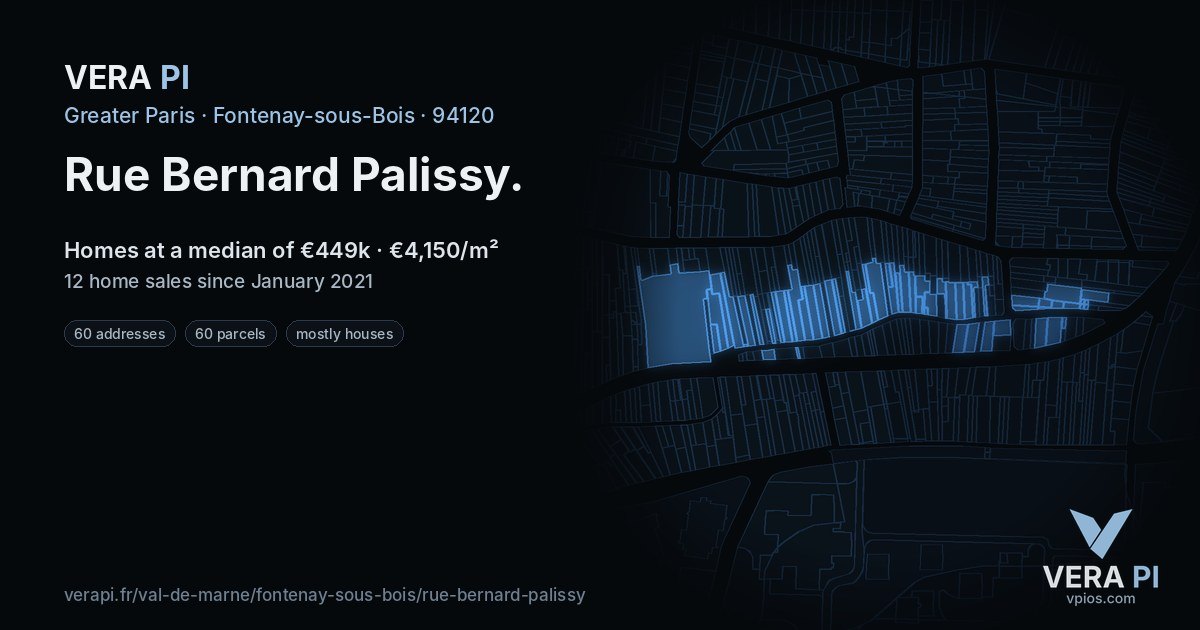 Rue Bernard Palissy, Fontenay-sous-Bois at night – every parcel coloured by the prices around it, the street's own parcels lit