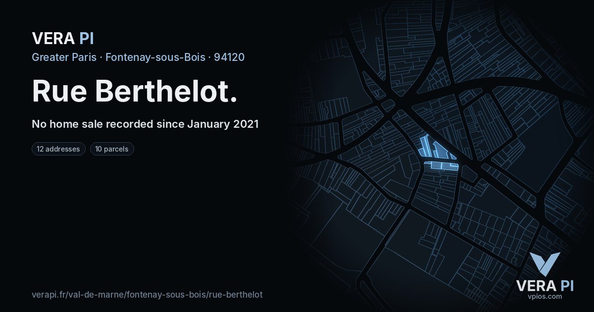 Rue Berthelot, Fontenay-sous-Bois at night – every parcel coloured by the prices around it, the street's own parcels lit