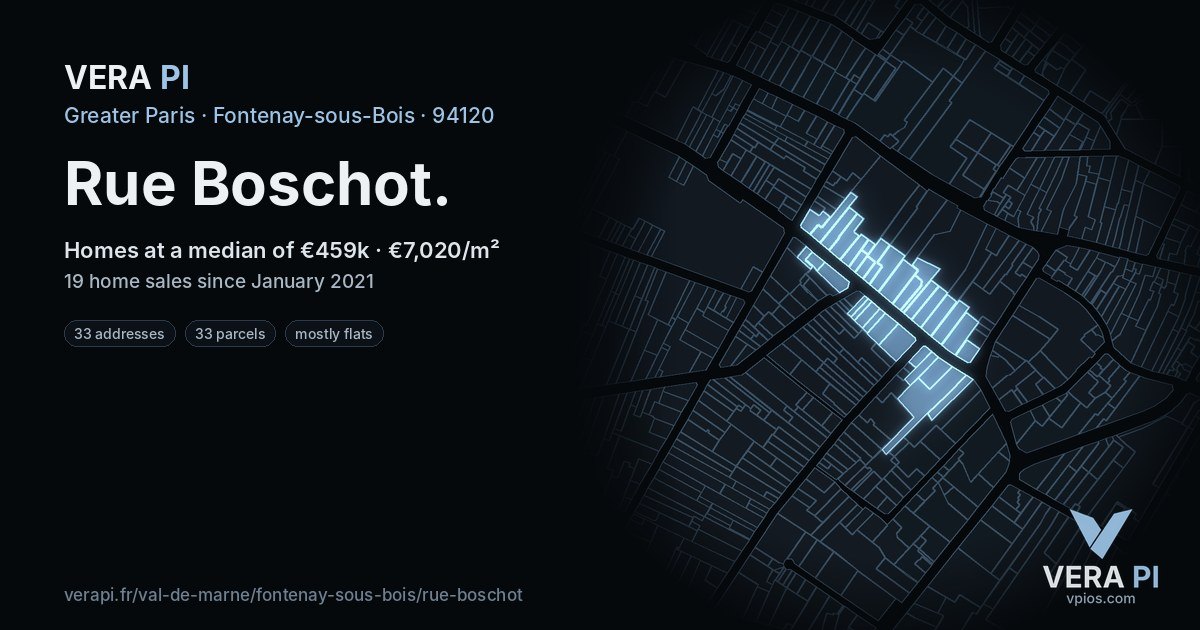 Rue Boschot, Fontenay-sous-Bois at night – every parcel coloured by the prices around it, the street's own parcels lit
