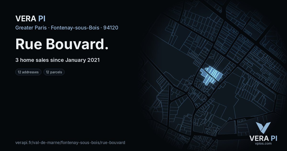 Rue Bouvard, Fontenay-sous-Bois at night – every parcel coloured by the prices around it, the street's own parcels lit