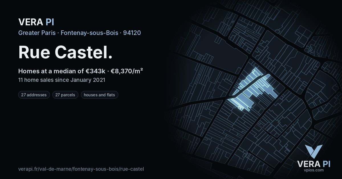 Rue Castel, Fontenay-sous-Bois at night – every parcel coloured by the prices around it, the street's own parcels lit