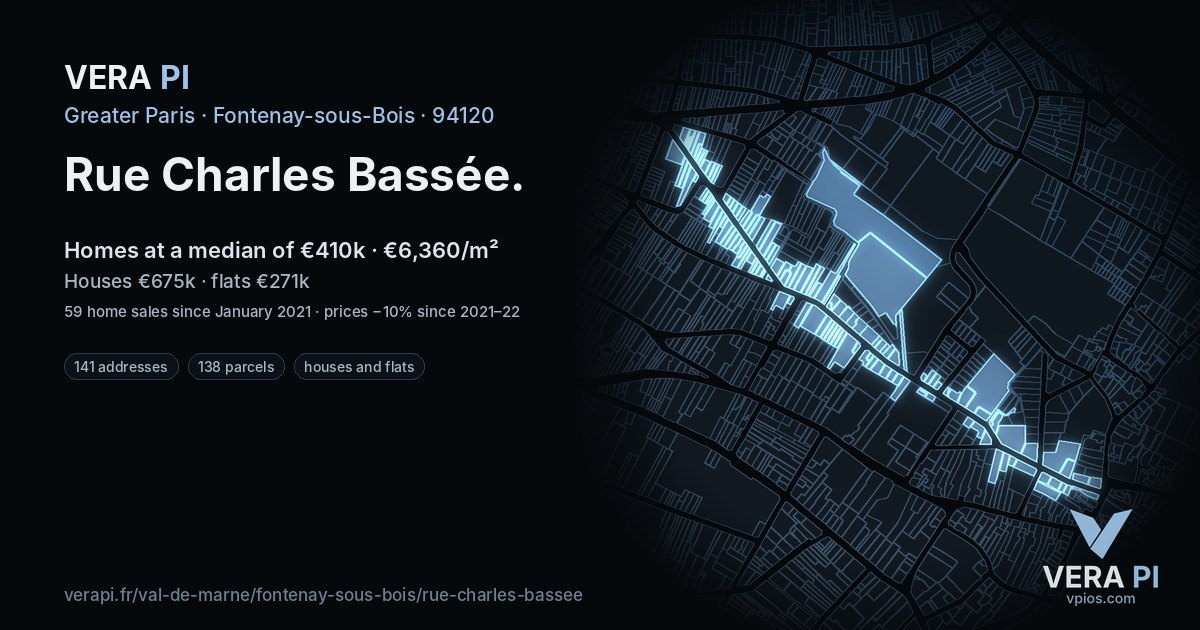 Rue Charles Bassée, Fontenay-sous-Bois at night – every parcel coloured by the prices around it, the street's own parcels lit