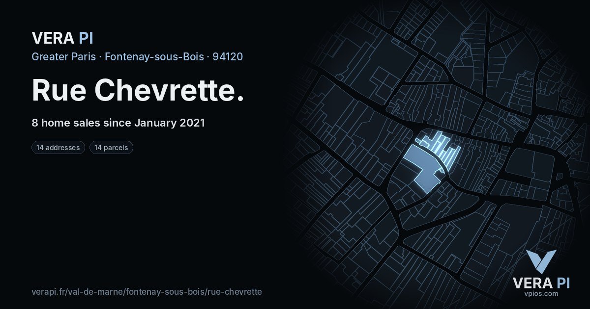 Rue Chevrette, Fontenay-sous-Bois at night – every parcel coloured by the prices around it, the street's own parcels lit