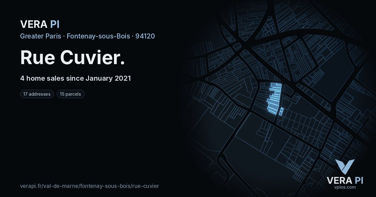 Rue Cuvier, Fontenay-sous-Bois at night – every parcel coloured by the prices around it, the street's own parcels lit