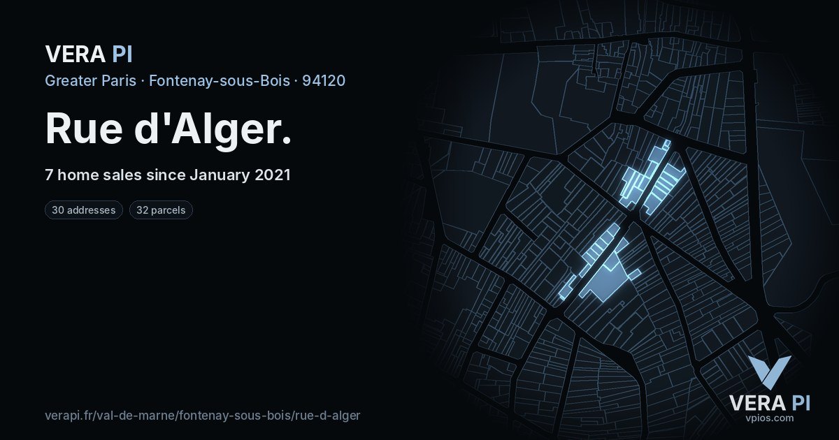 Rue d'Alger, Fontenay-sous-Bois at night – every parcel coloured by the prices around it, the street's own parcels lit