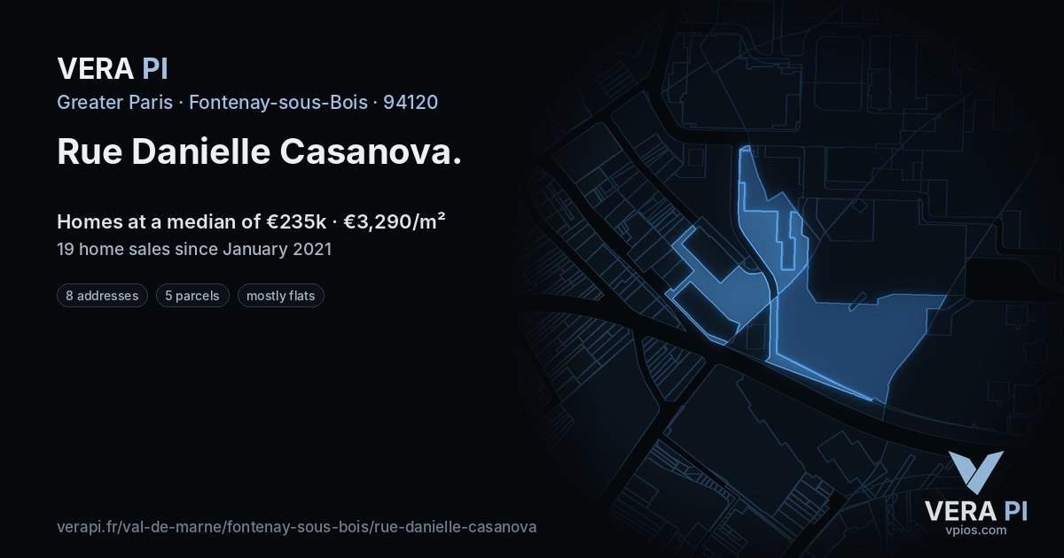Rue Danielle Casanova, Fontenay-sous-Bois at night – every parcel coloured by the prices around it, the street's own parcels lit