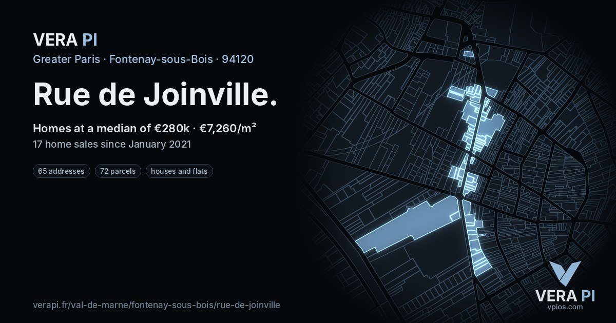 Rue de Joinville, Fontenay-sous-Bois at night – every parcel coloured by the prices around it, the street's own parcels lit