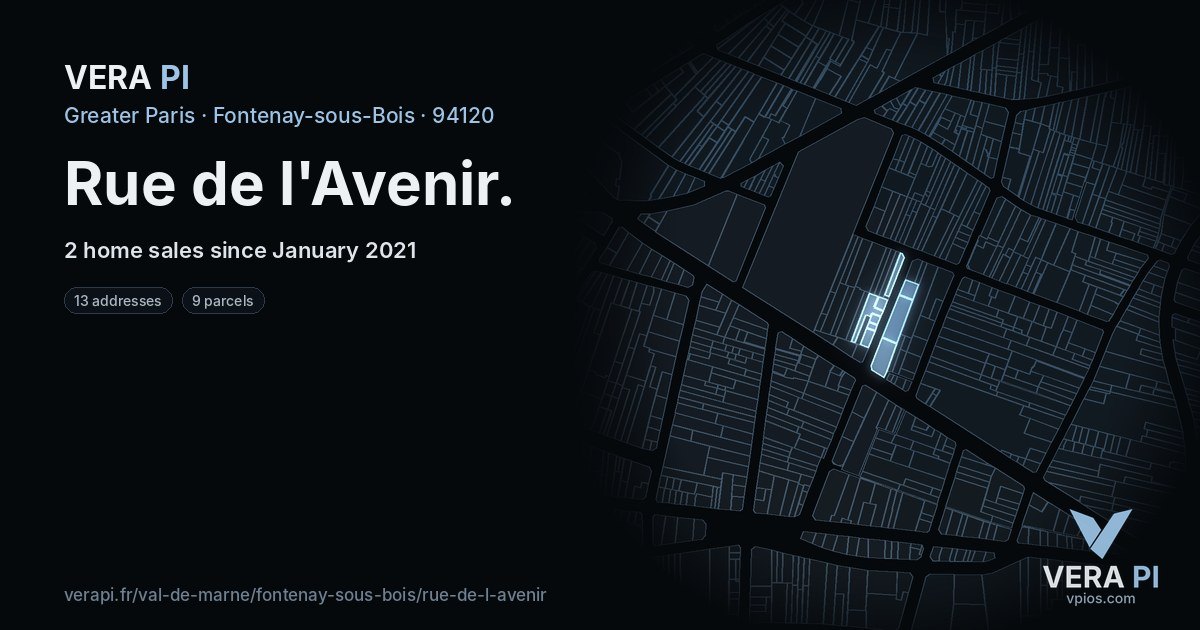 Rue de l'Avenir, Fontenay-sous-Bois at night – every parcel coloured by the prices around it, the street's own parcels lit