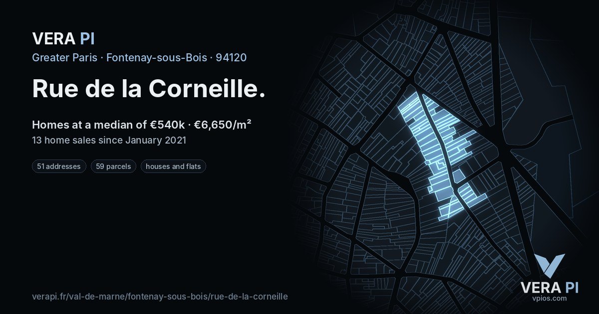 Rue de la Corneille, Fontenay-sous-Bois at night – every parcel coloured by the prices around it, the street's own parcels lit
