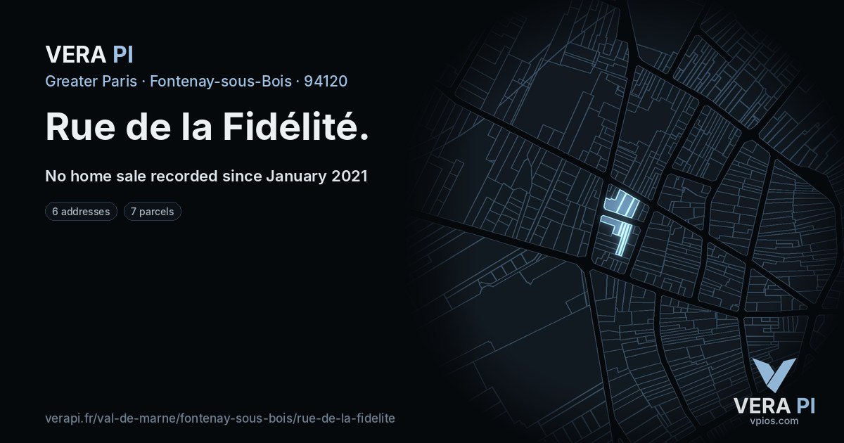 Rue de la Fidélité, Fontenay-sous-Bois at night – every parcel coloured by the prices around it, the street's own parcels lit