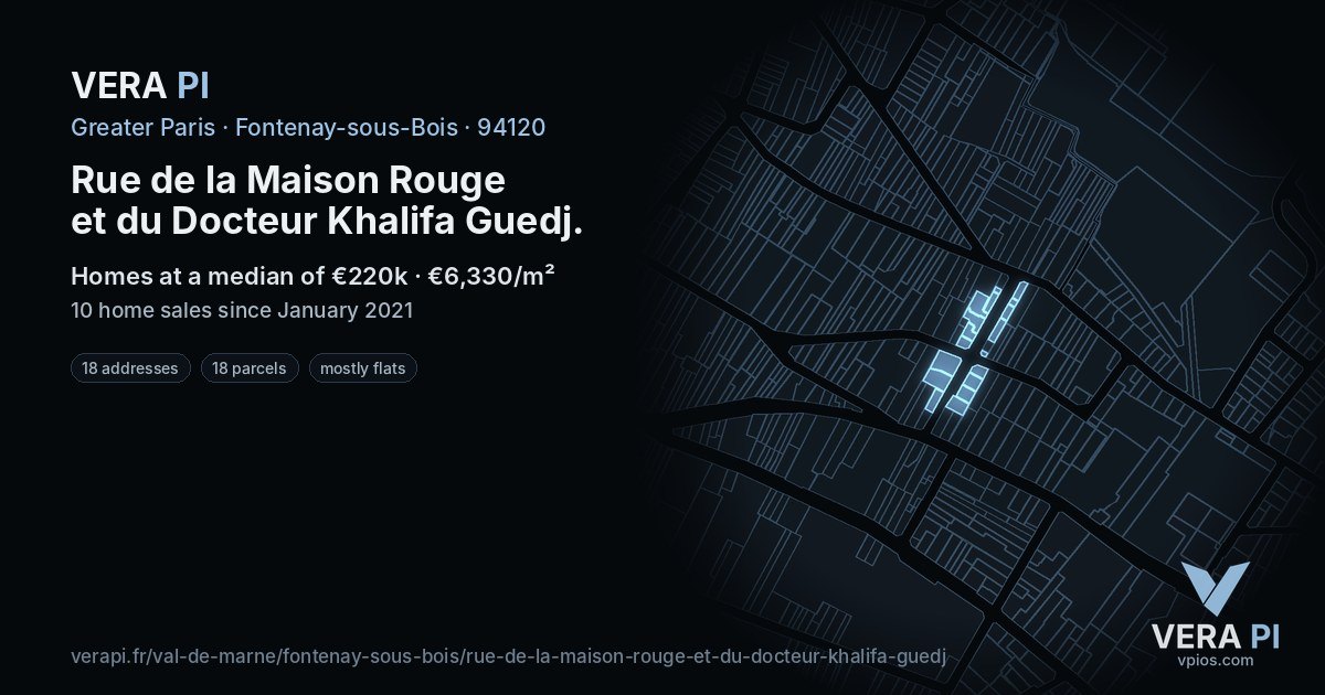 Rue de la Maison Rouge et du Docteur Khalifa Guedj, Fontenay-sous-Bois at night – every parcel coloured by the prices around it, the street's own parcels lit