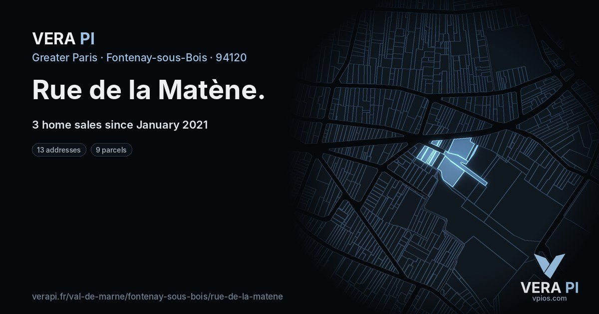 Rue de la Matène, Fontenay-sous-Bois at night – every parcel coloured by the prices around it, the street's own parcels lit