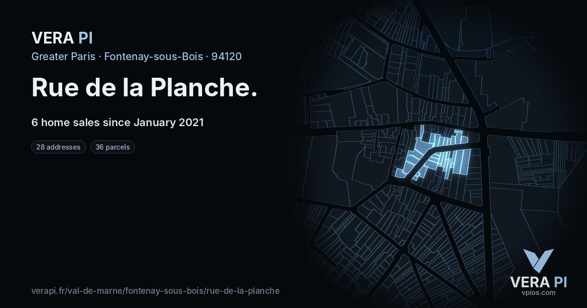 Rue de la Planche, Fontenay-sous-Bois at night – every parcel coloured by the prices around it, the street's own parcels lit