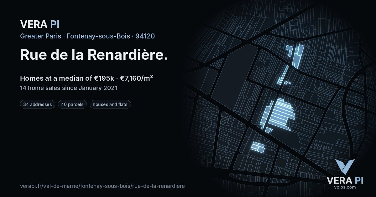Rue de la Renardière, Fontenay-sous-Bois at night – every parcel coloured by the prices around it, the street's own parcels lit