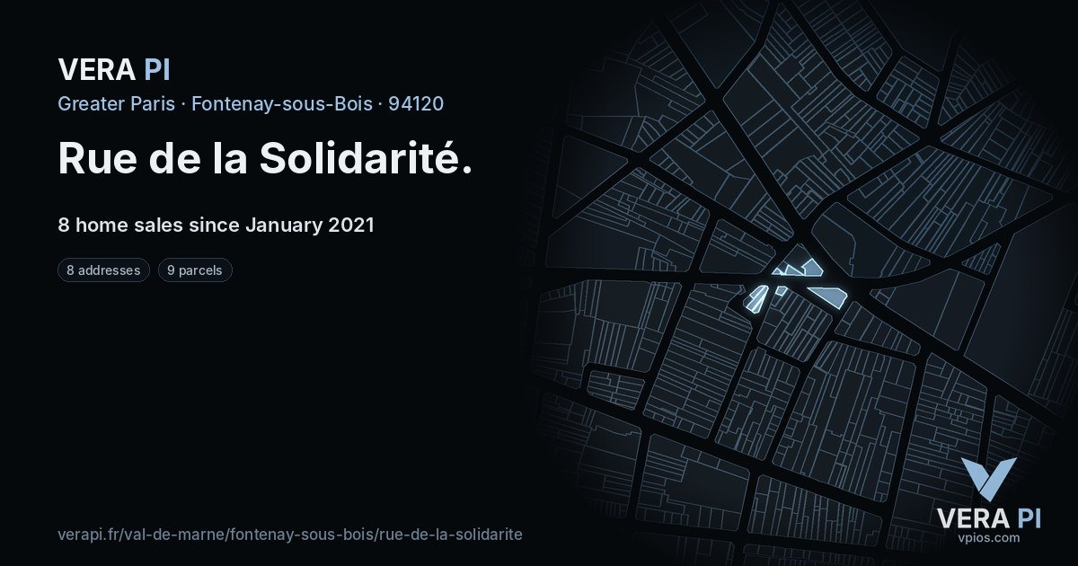Rue de la Solidarité, Fontenay-sous-Bois at night – every parcel coloured by the prices around it, the street's own parcels lit