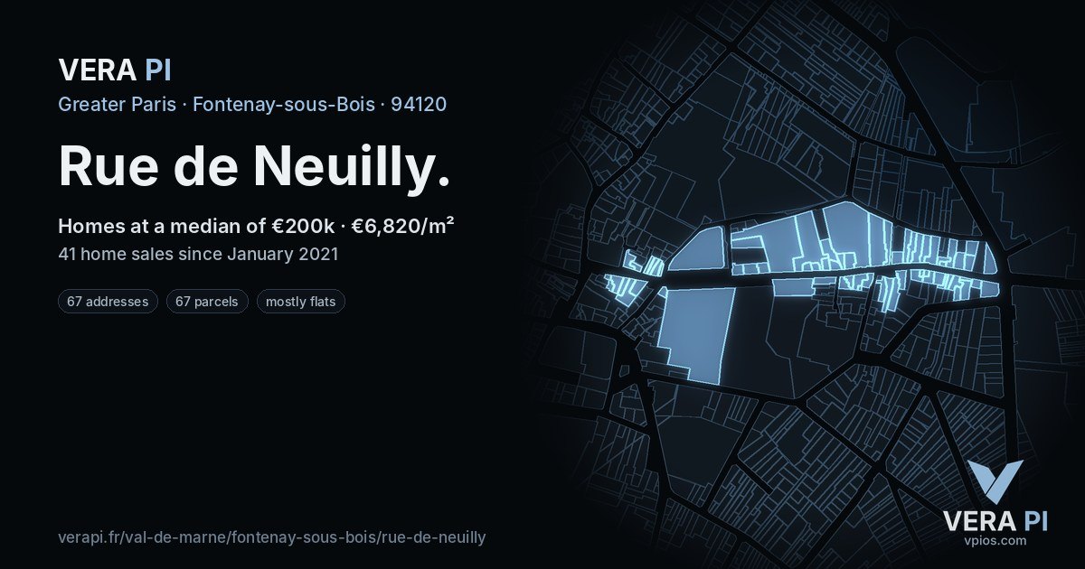 Rue de Neuilly, Fontenay-sous-Bois at night – every parcel coloured by the prices around it, the street's own parcels lit