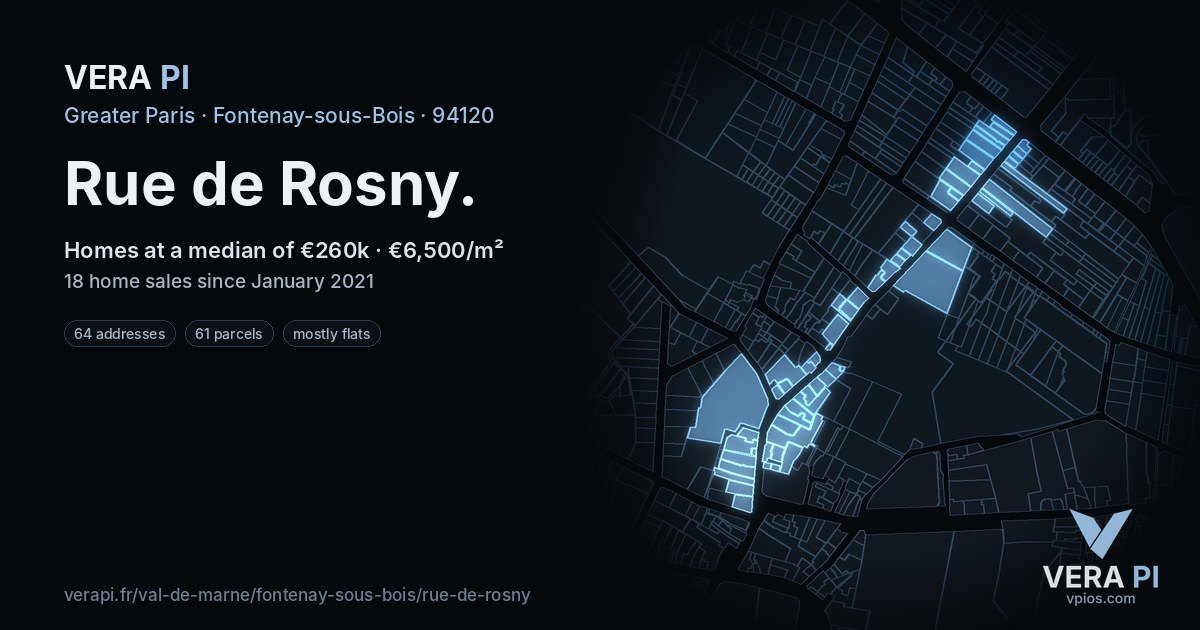 Rue de Rosny, Fontenay-sous-Bois at night – every parcel coloured by the prices around it, the street's own parcels lit