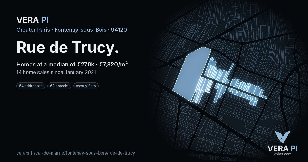 Rue de Trucy, Fontenay-sous-Bois at night – every parcel coloured by the prices around it, the street's own parcels lit